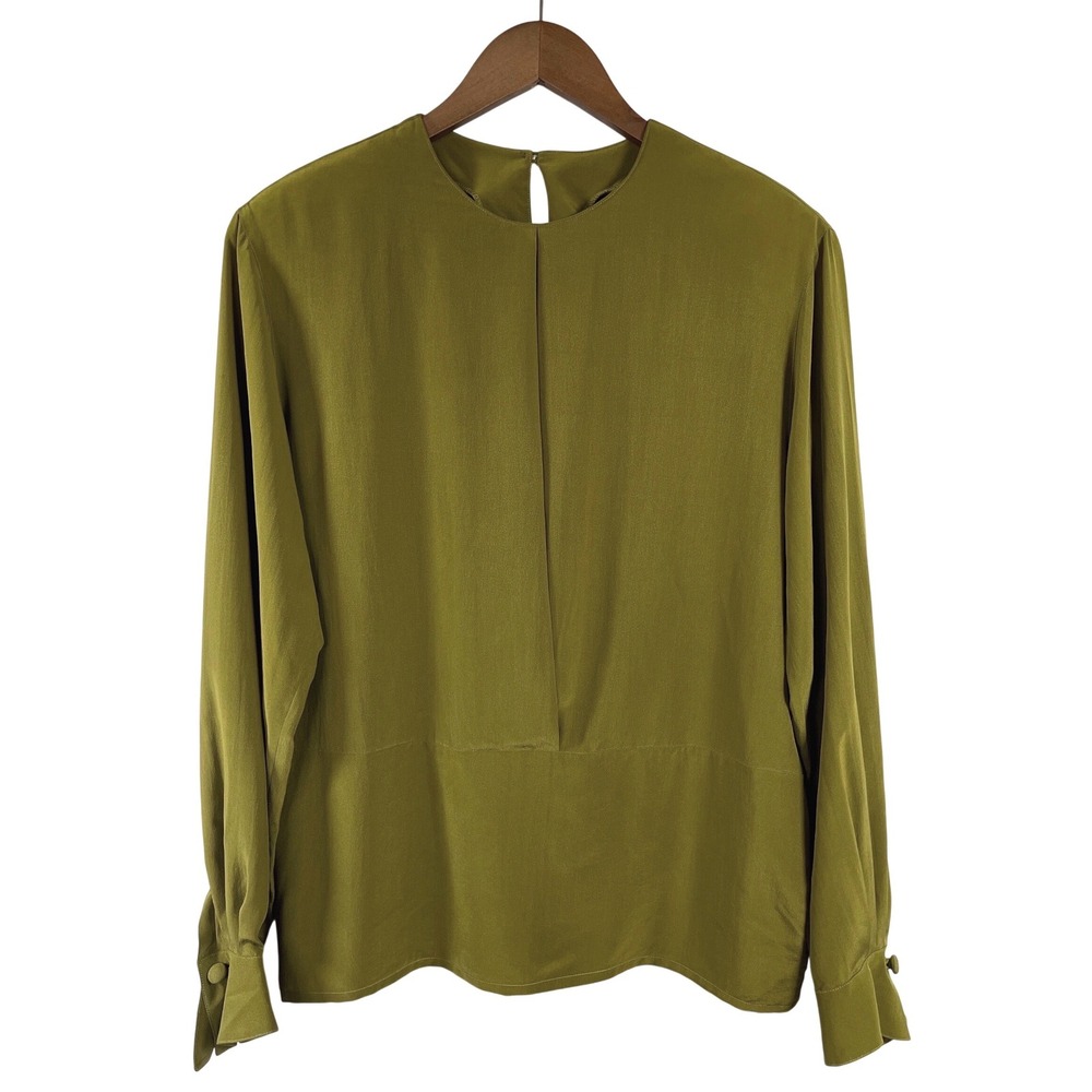 Vintage Anne Klein II Long Sleeve 100% Silk Blouse 10 Olive Green Office Career